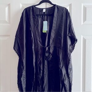 TROPICAL ESCAPE EMBROIDERED LACE TRIM RESORT BEACH COVERUP TRAVEL Black S M